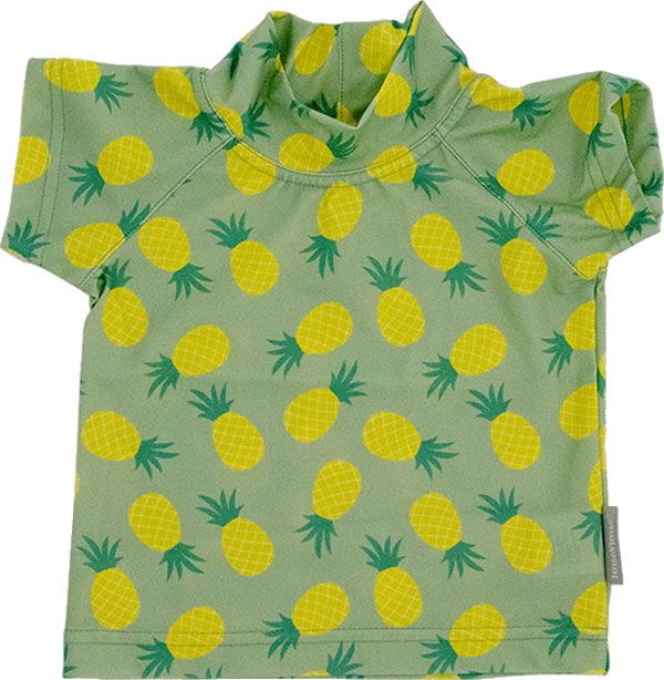 Hellgrünes T-Shirt mit Ananas-Muster. Kurzarm, hoher Kragen. Marke ImseVimse.