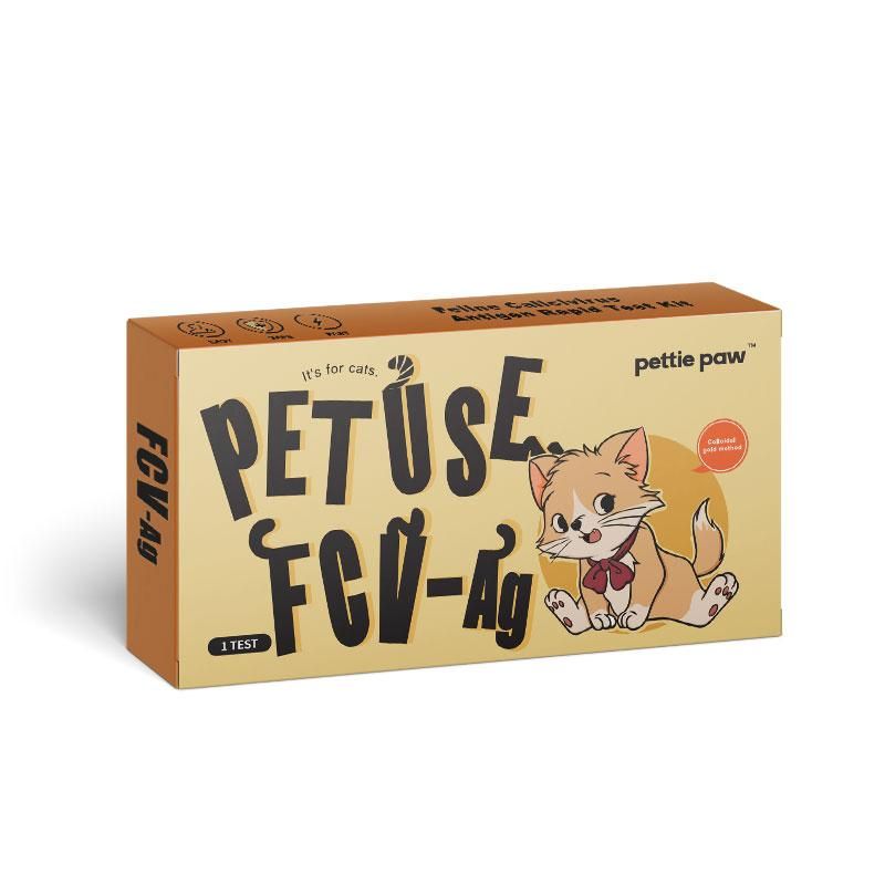 Kartonverpackung für einen Katzentest. Aufschrift: PET USE FCV-Ag. Mit Katzen-Illustration.