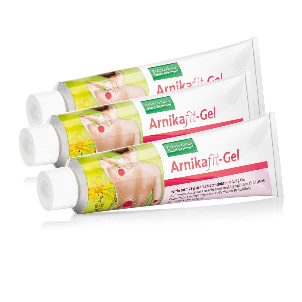 Drei Tuben Arnikafit-Gel. Weiße Tuben mit grüner und gelber Beschriftung. Aufdruck: Abbildung einer Person mit Schmerzen.