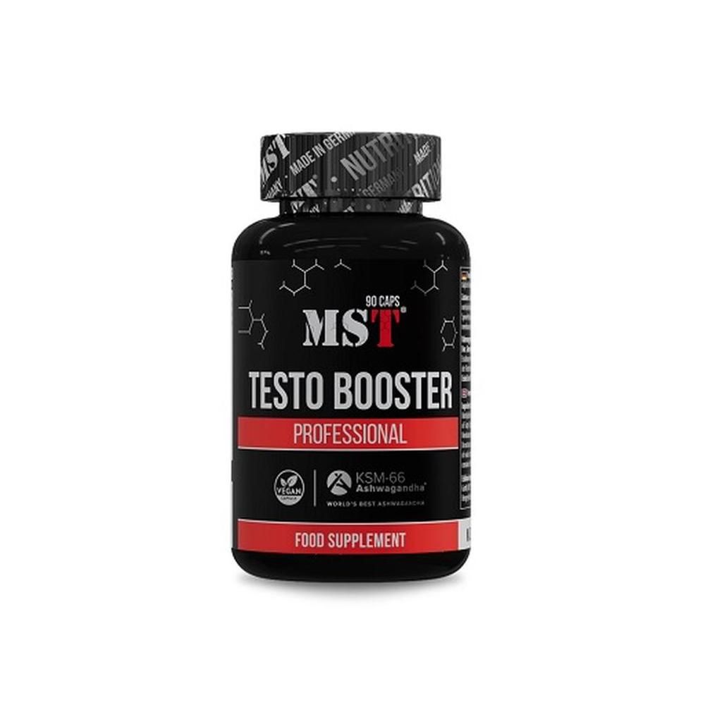 Schwarze Kapsel-Dose mit rotem Etikett. Aufschrift: MST Testo Booster Professional. 90 Kapseln. Vegan. KSM-66 Ashwagandha. Nahrungsergänzungsmittel.