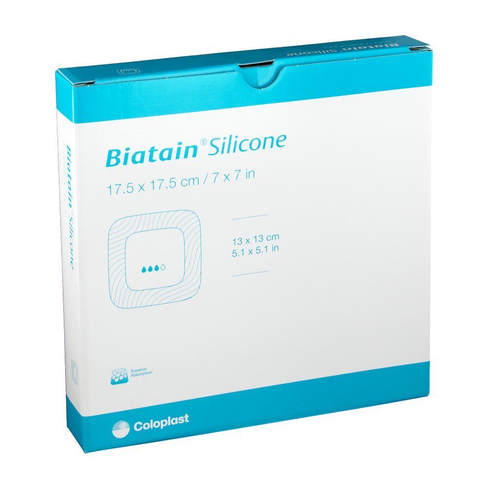 Verpackung von BIATAIN® Silicone Schaumverband. Aufdruck: 17,5 x 17,5 cm, 7 x 7 in. Logo und Produktabbildung.