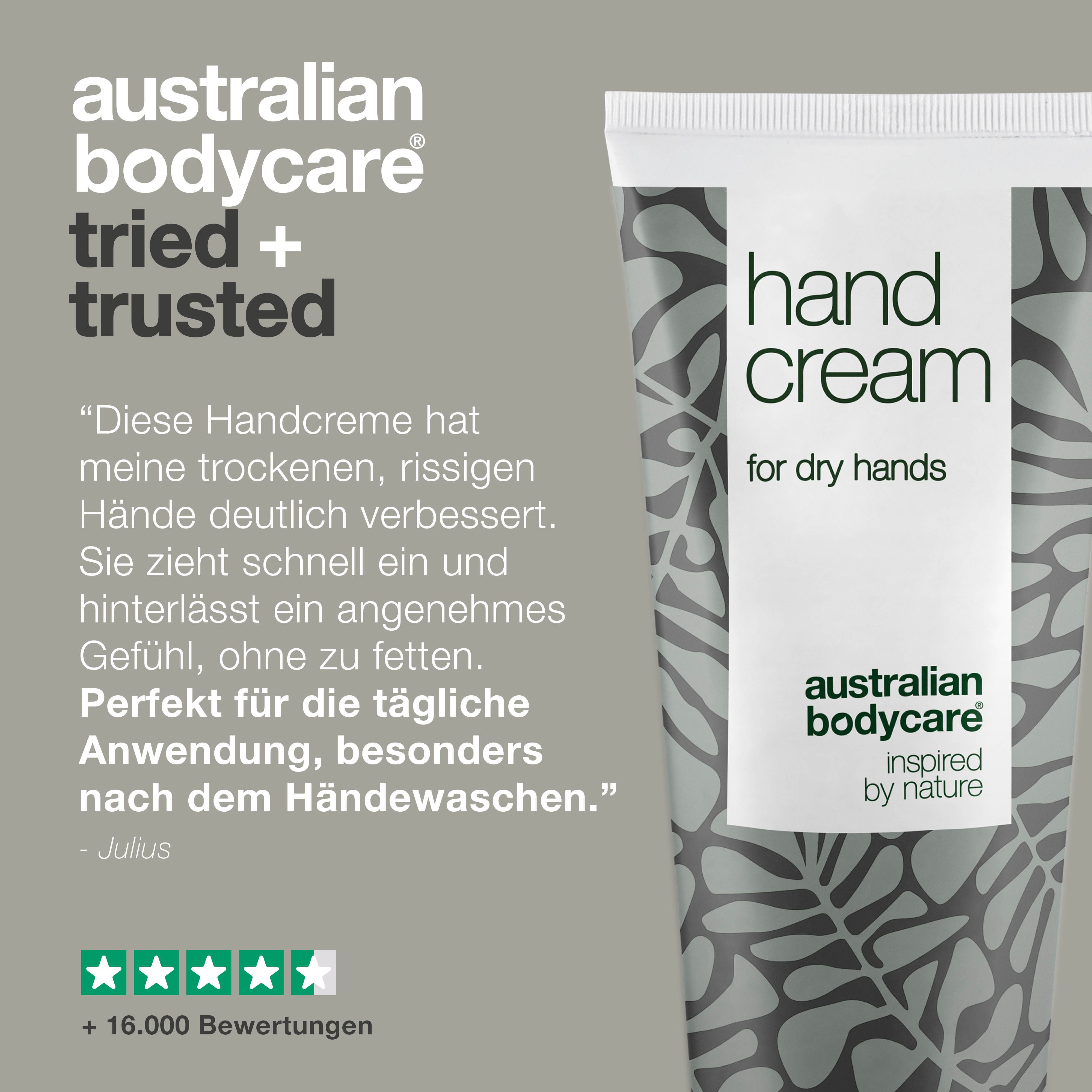 Handcreme-Tube und Text. Aufschrift: Hand Cream, Australian Bodycare.