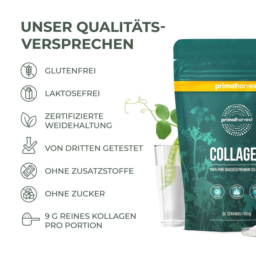 Grüner Beutel Primal Harvest Collagen. Text: Glutenfrei, laktosefrei, zertifizierte Weidehaltung, ohne Zusatzstoffe, ohne Zucker.