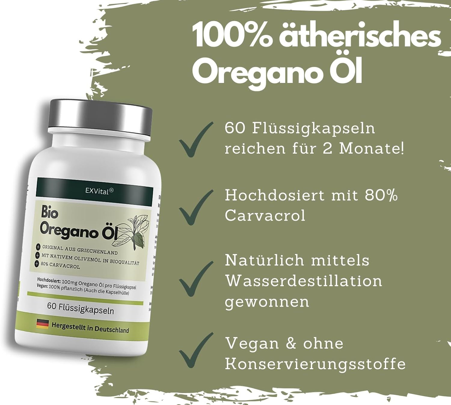 Weißes Fläschchen mit grünem Etikett. Aufschrift: 100% ätherisches Oregano Öl, 60 Flüssigkapseln. Check-Zeichen.