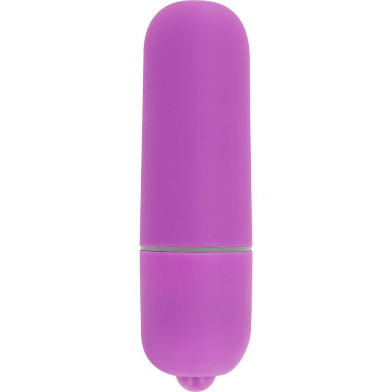 Lila Mini-Vibrationskugel. Zylindrische Form mit abgerundeten Enden. Grauer Ring in der Mitte. Kleiner, runder Vorsprung am Ende.