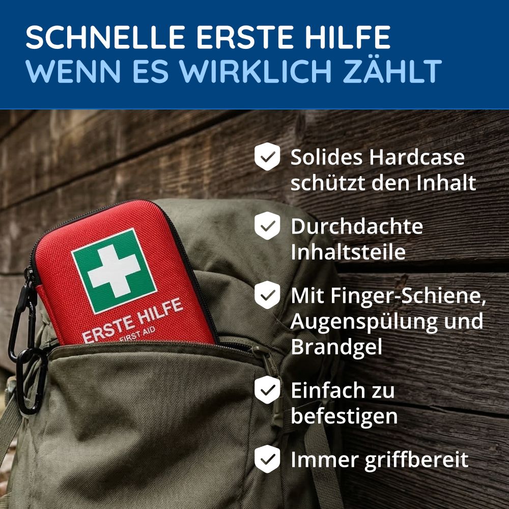Rotes Erste-Hilfe-Set mit weißem Kreuz in einer Tasche. Text: Schnelle Erste Hilfe. Enthält Finger-Schiene, Augenspülung und Brandgel.