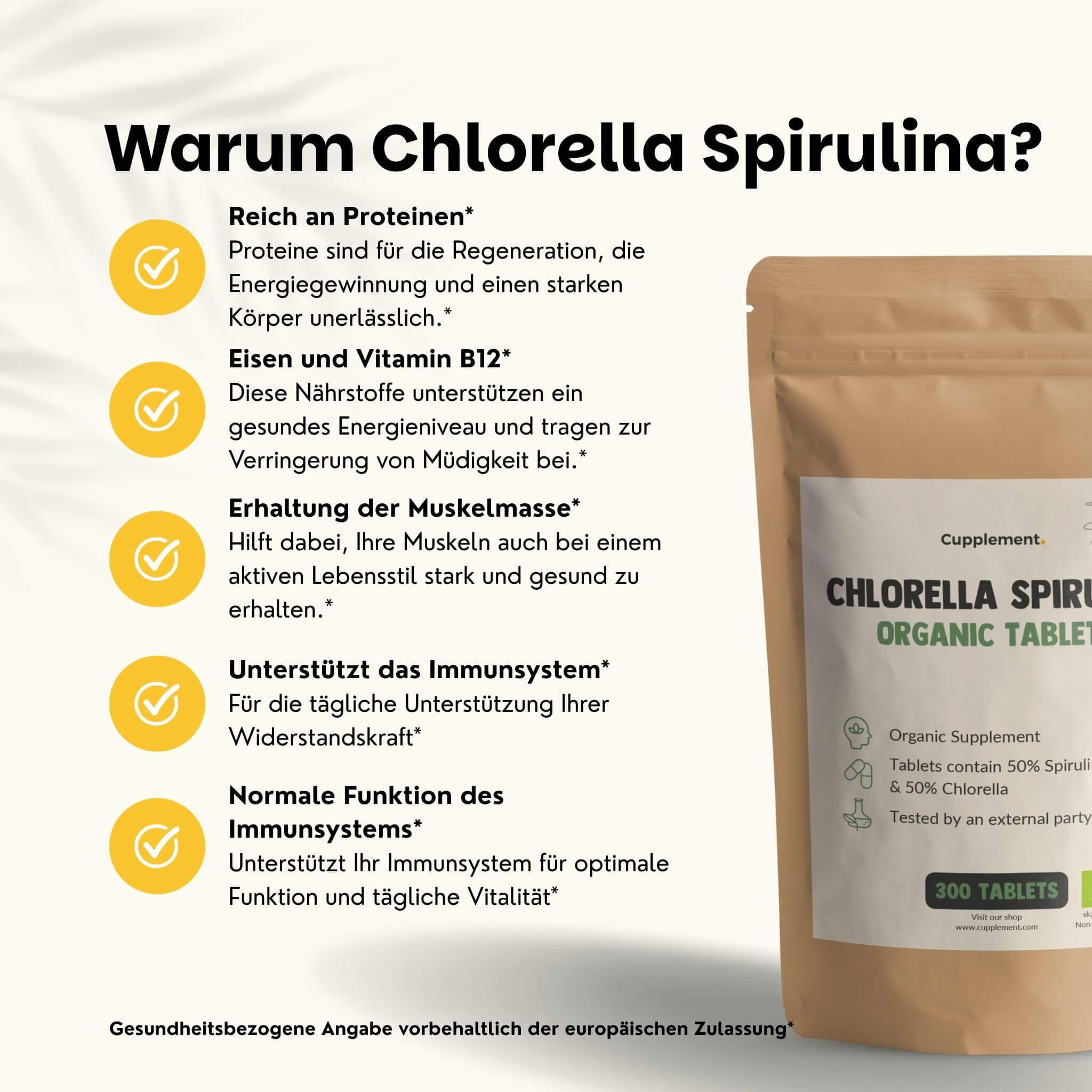 Beutel mit Tabletten. Text: Chlorella Spirulina Organic Tablets. 300 Tabletten. Vorteile: Proteine, Eisen, Muskelmasse.