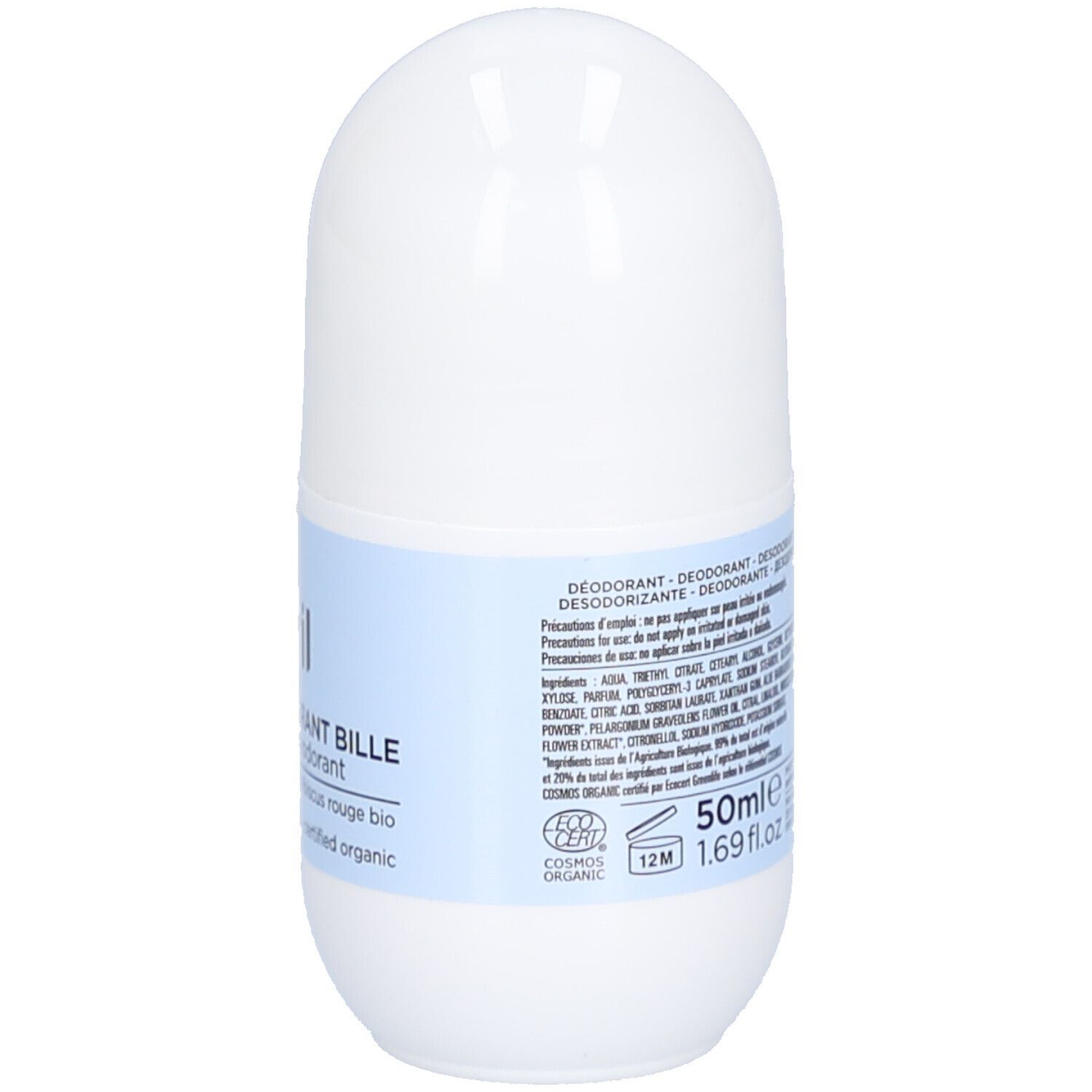 Weiße Roll-on Deodorantflasche mit blauem Etikett und Informationen zu Inhaltsstoffen und Zertifizierungen.