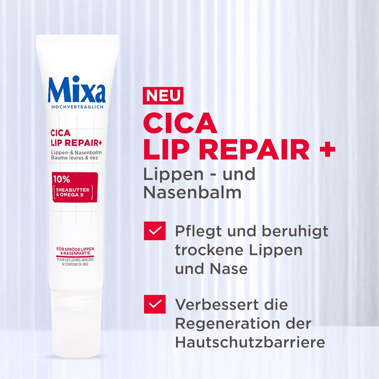 Weiße Tube Mixa Cica Lip Repair+. Text: Neu, Cica Lip Repair+, Lippen- und Nasenbalsam. Pflegt und beruhigt trockene Lippen und Nase.