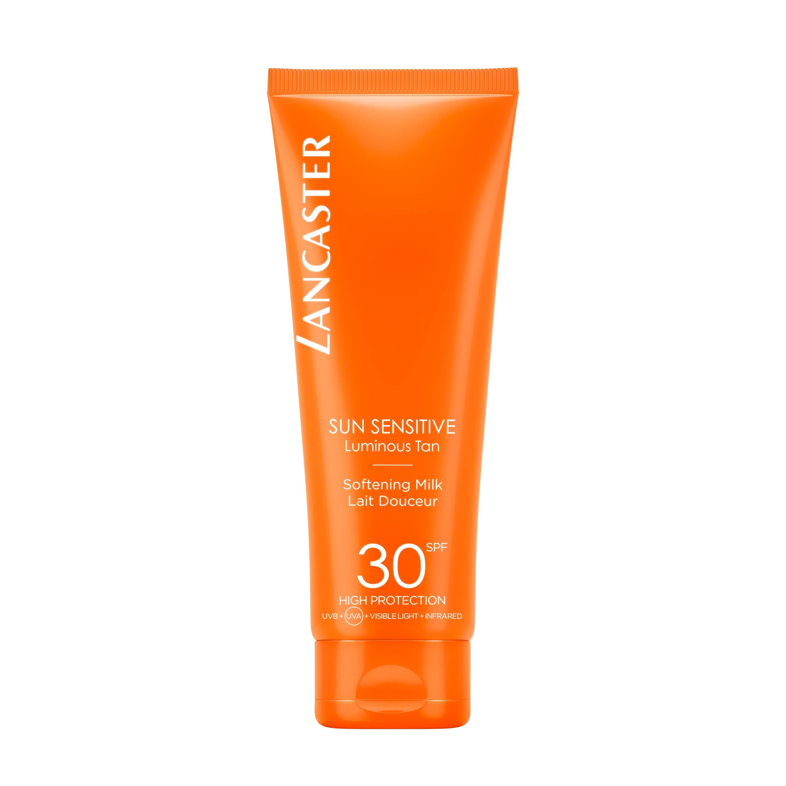 Orange Tube. Lancaster Sun Sensitive Luminous Tan SPF 30. Milch. Text.