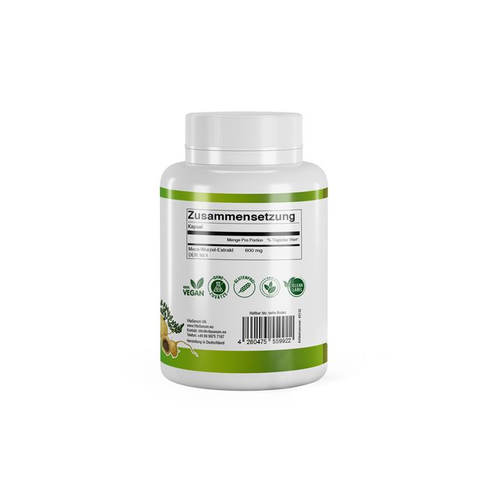Witte fles met groen etiket. Opschrift: Samenstelling, maca-wortelextract, veganistisch zegel.