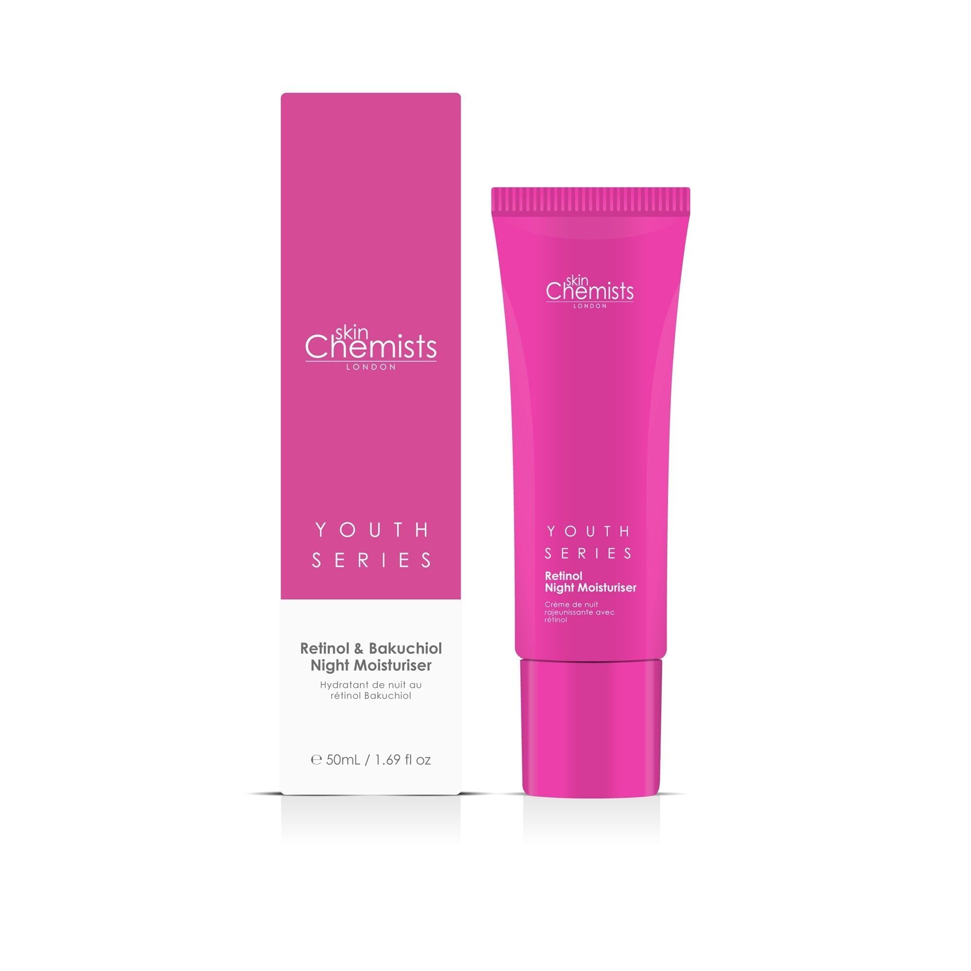 Rosa Tube und Schachtel mit weißer Schrift. Beschriftung: skinChemists, Youth Series, Retinol & Bakuchiol Night Moisturiser.