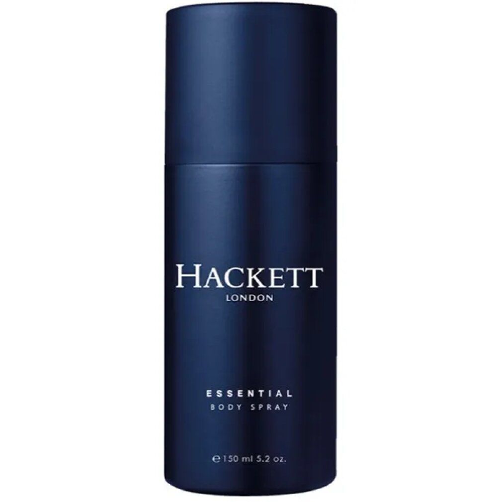 Dunkelblaue Sprühflasche. Hackett London, Essential Body Spray. Weiße Schrift. Volumenangabe.