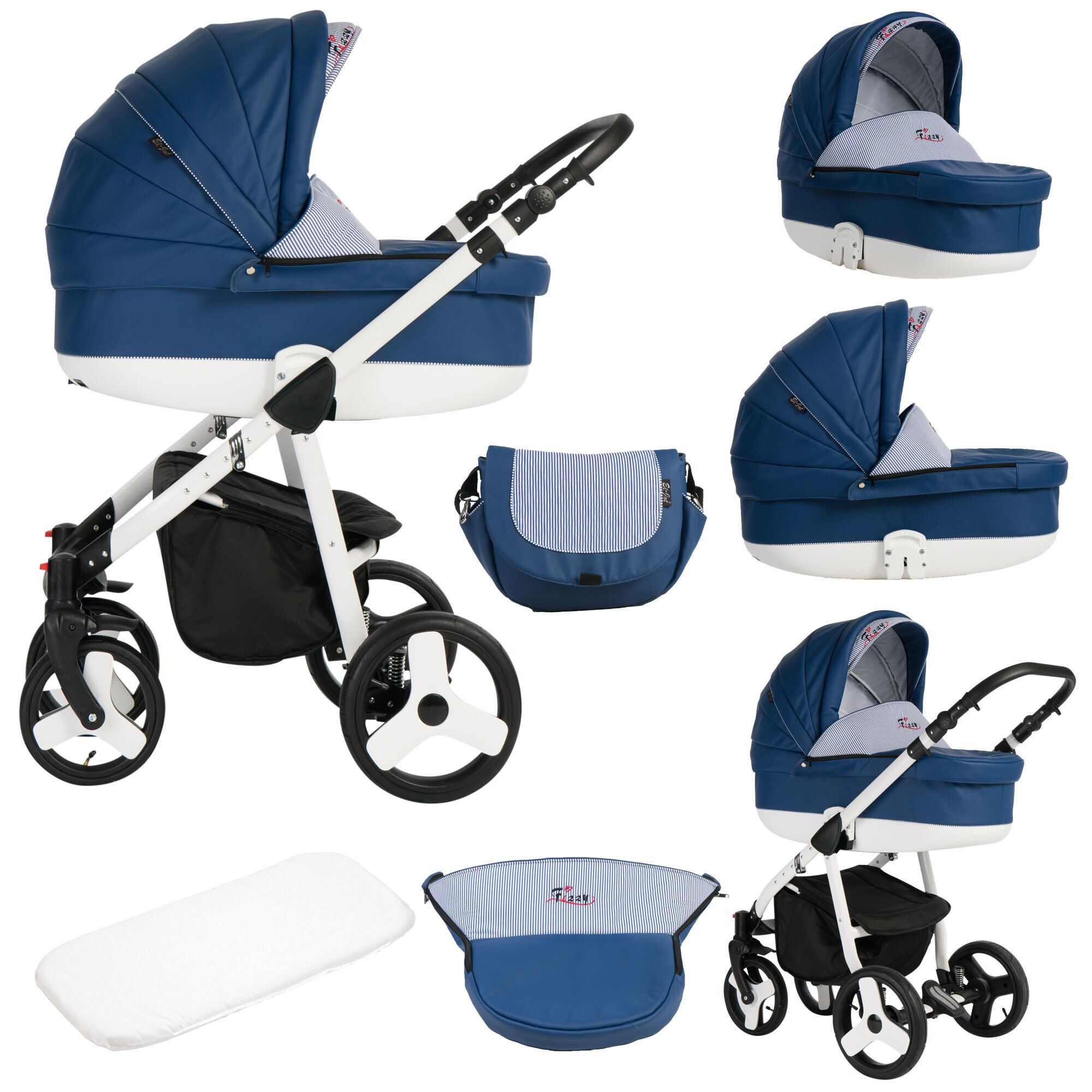 Bebebi Fizzy 4 in 1 Kinderwagen Komplettset ISOFIX Basis Luftreifen, Marine