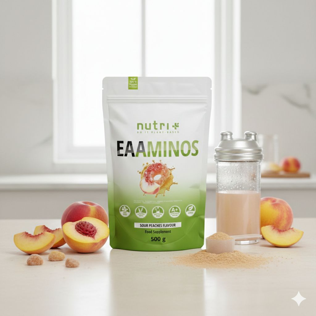 Ein Beutel mit essentiellen Aminosäuren, umgeben von Icons, die vegan, glutenfrei und ohne Gentechnik sind.