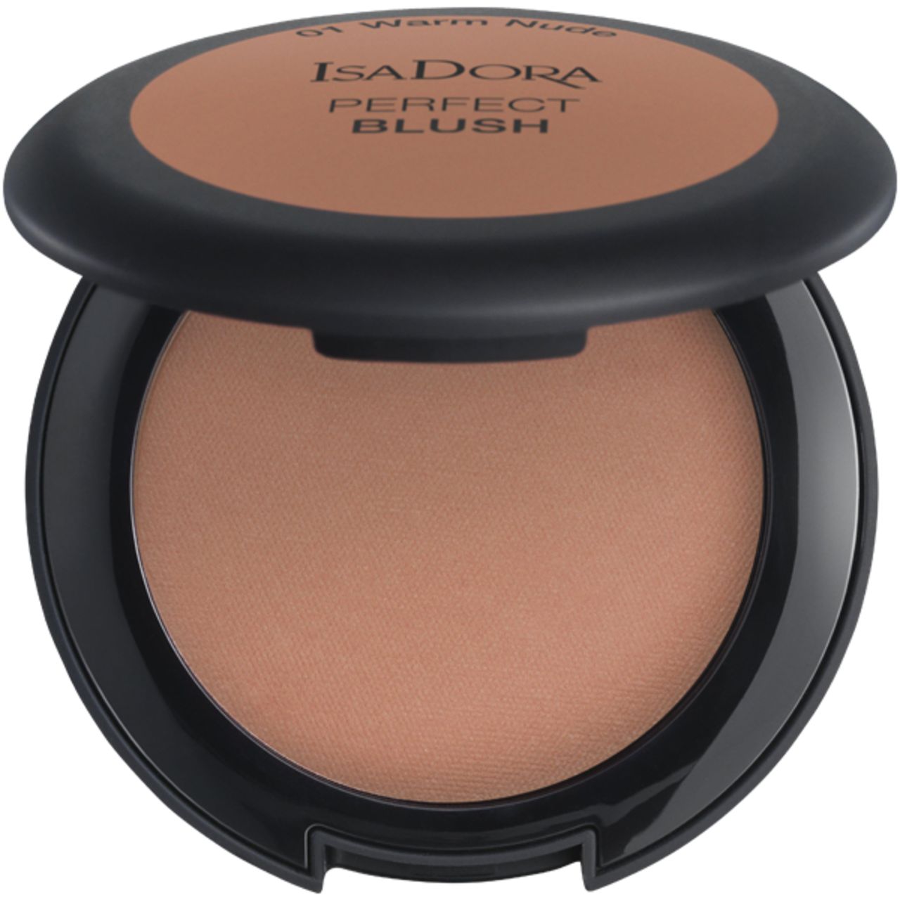 IsaDora Perfect Blush, geöffnet. Schwarze Dose mit braunem Puder. Deckel mit Produktbezeichnung und Farbton. Puderfarbe: Warm Nude.
