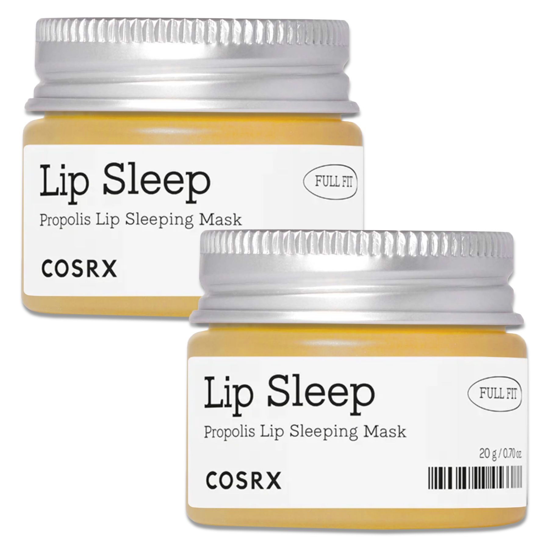 Zwei Gläser COSRX Lip Sleep Propolis Sleeping Mask. Weiße Etiketten mit Produktnamen und Marke. Silberne Deckel.