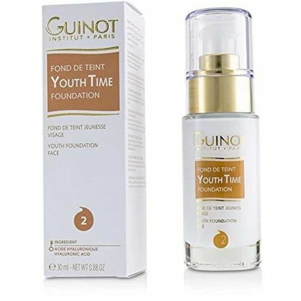 Guinot Youth Time Foundation Nr. 2 Flasche und Verpackung. Weiße Verpackung mit Produktnamen. Flasche mit Pumpe.