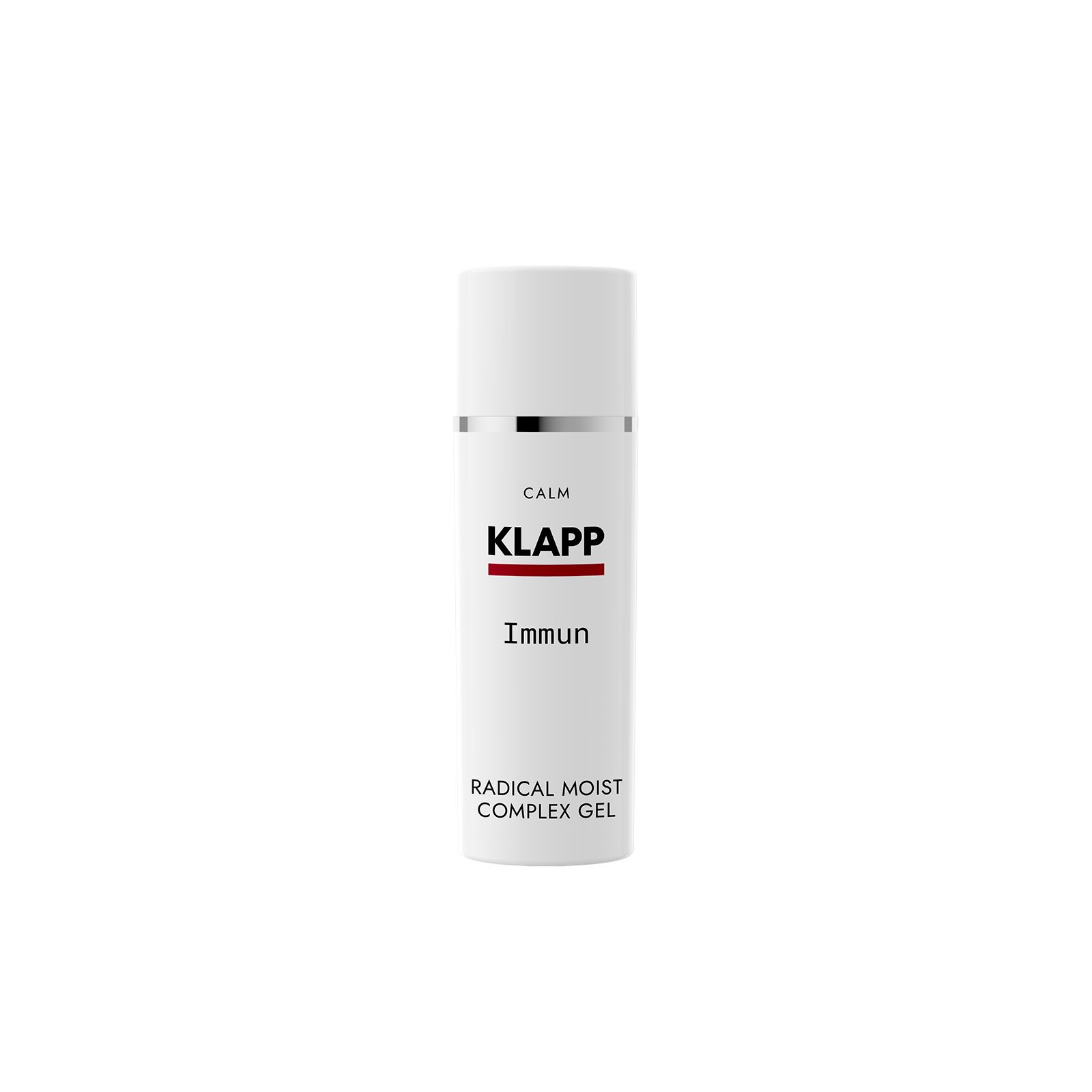 Weiße Flasche mit silbernem Ring. Aufschrift: KLAPP, Immun, Radical Moist Complex Gel. Produkt für die Hautpflege.