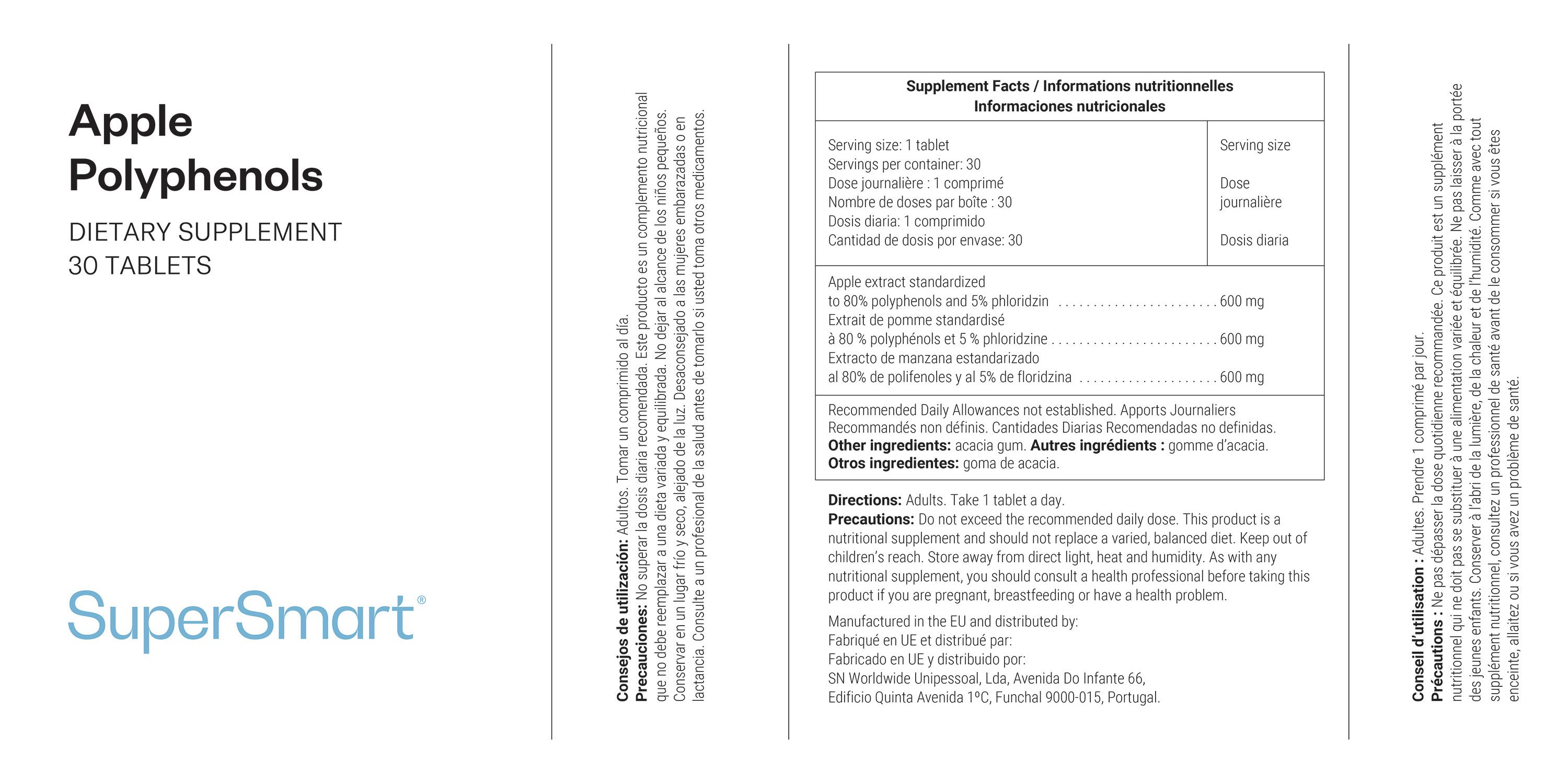 Packungsbeilage mit Informationen zu "Apple Polyphenols" und "SuperSmart". Enthält Nährwertangaben.