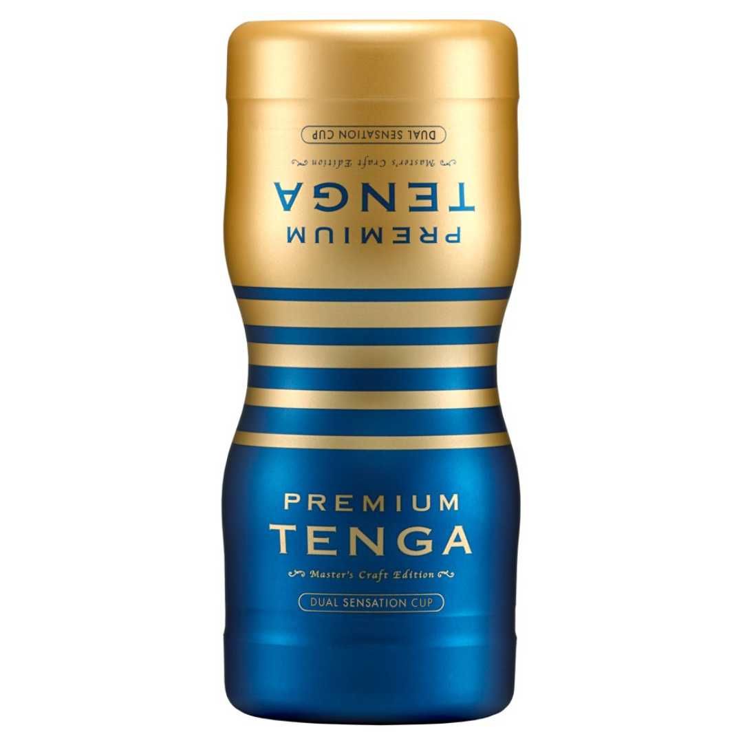 Zylindrisches Produkt, blau-goldfarben. Schriftzug "PREMIUM TENGA" und "DUAL SENSATION CUP".