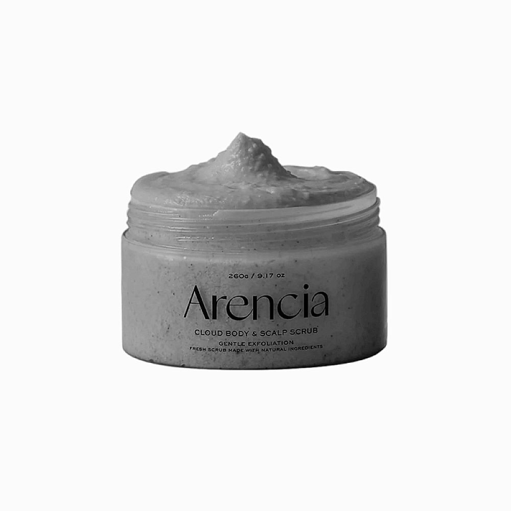 Glasbehälter mit Körper- und Kopfhautpeeling. Aufschrift: Arencia, Cloud Body & Scalp Scrub. 260g/9.17 oz.