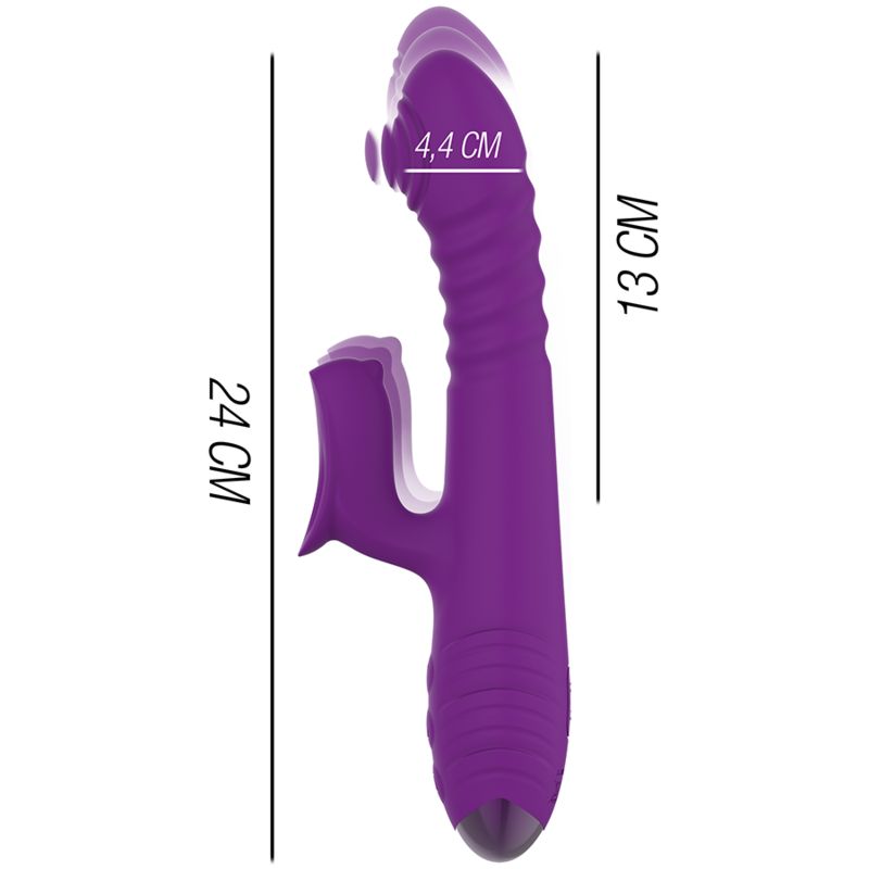 Lila Vibrator mit geriffelter Oberfläche. Maße: 24 cm lang, 13 cm hoch, 4,4 cm breit. Mit Griff und abgerundeter Spitze.