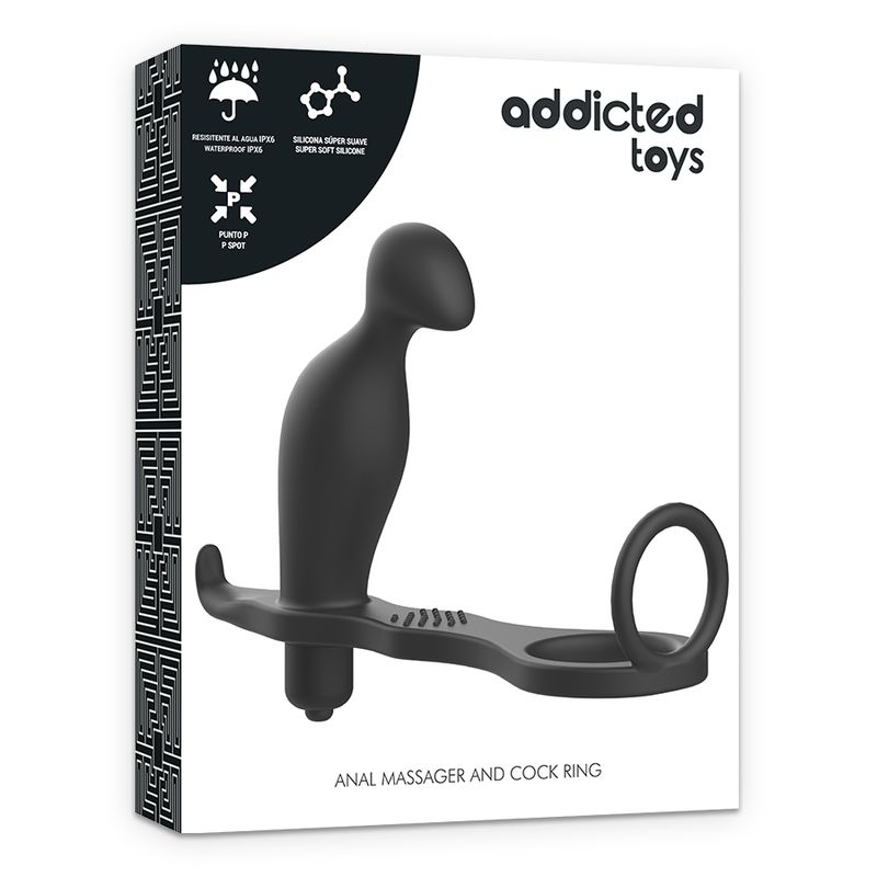 Produktverpackung. Schwarzer Analplug mit Silikonring. Marke Addicted Toys. Text: Anal Massager and Cock Ring.