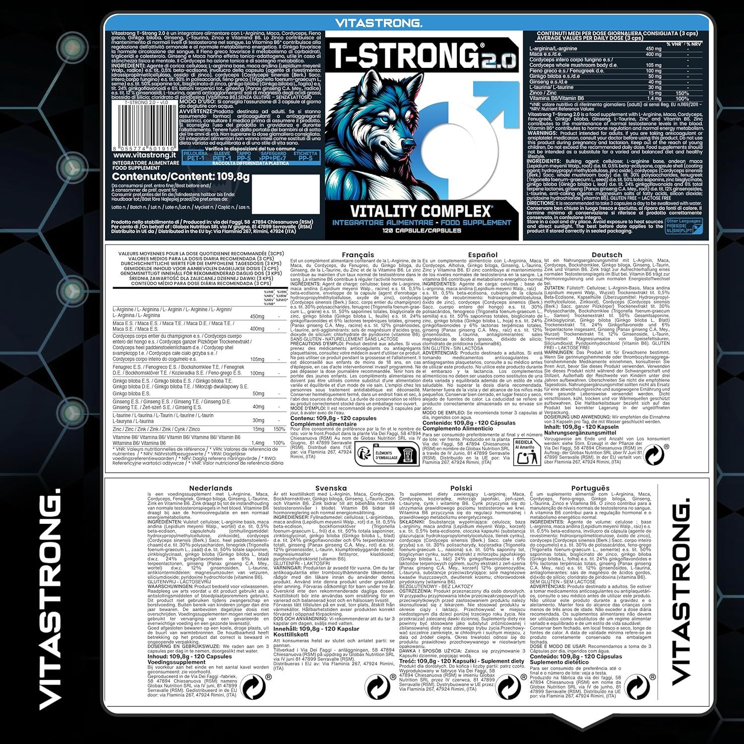Produktverpackung mit Informationen in verschiedenen Sprachen. Enthält Produktname, Inhaltsstoffe und Herstellerinformationen.