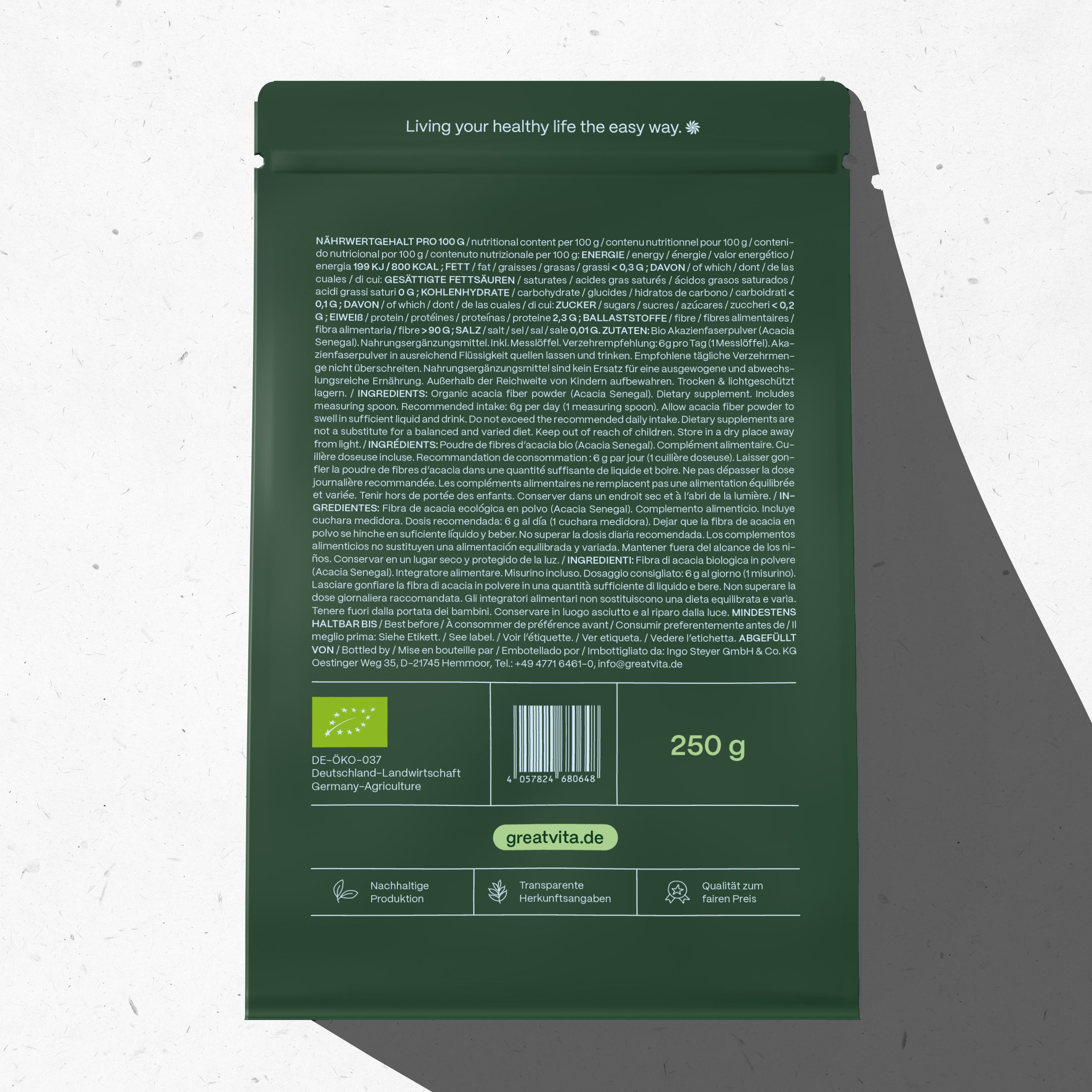 Grüne Verpackung mit Text. Rückseite mit Nährwertangaben, Inhaltsstoffen und Zertifizierungen. 250 g.