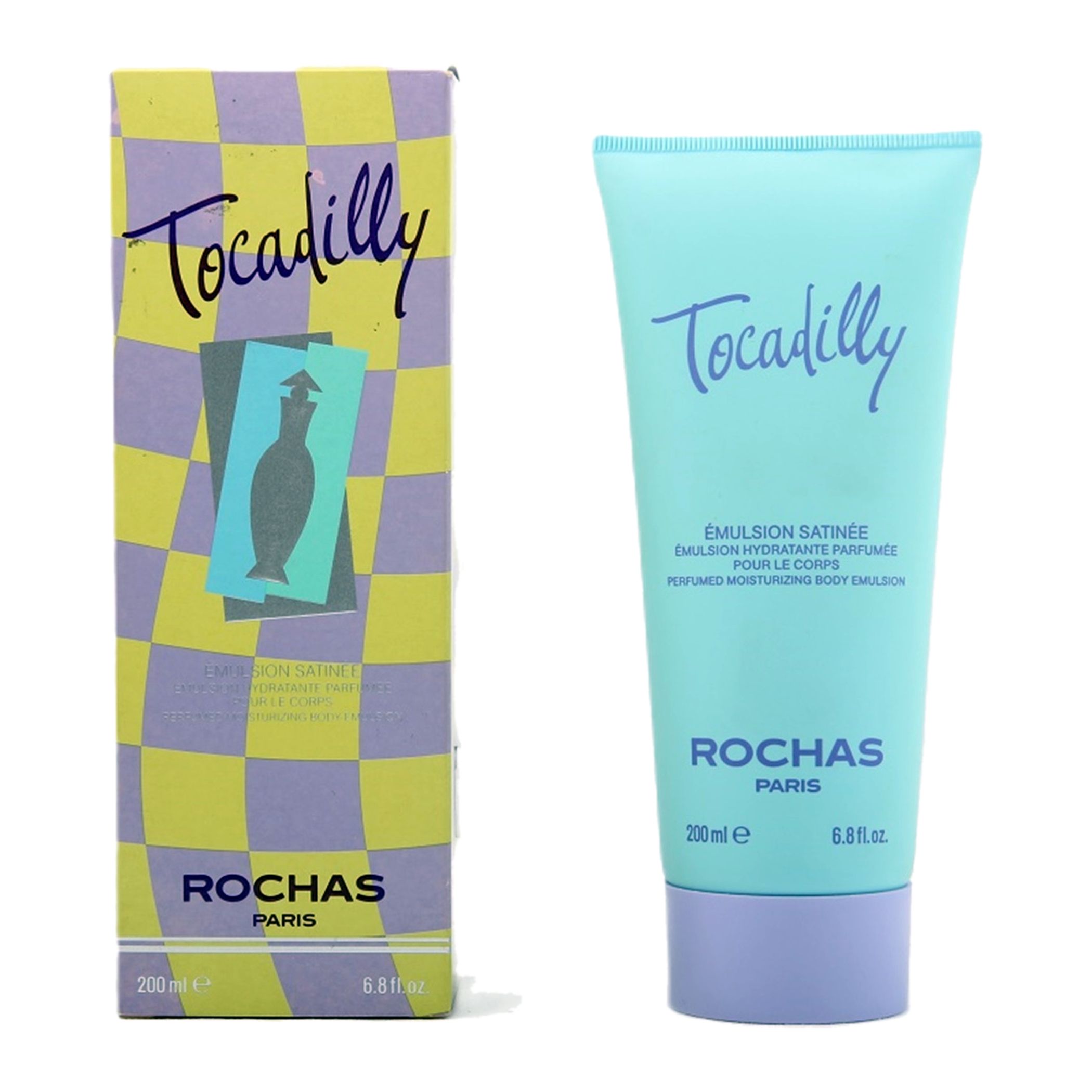ROCHAS Tocadilly Emulsion Satinee Körperlotion in türkisfarbener Tube und passender Verpackung mit Schachbrettmuster.