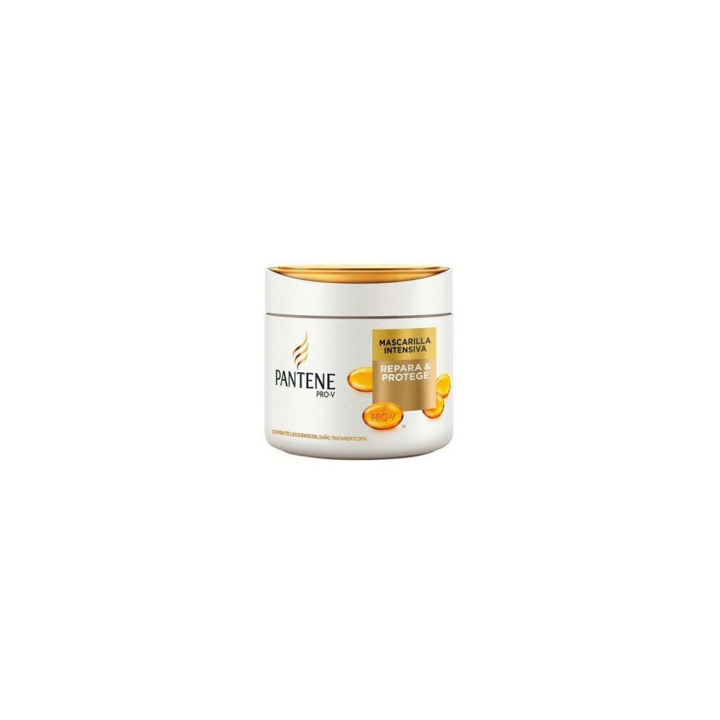 Weißer Tiegel mit Produkt. Aufschrift: PANTENE. Mascarilla Reparadora & Protectora.