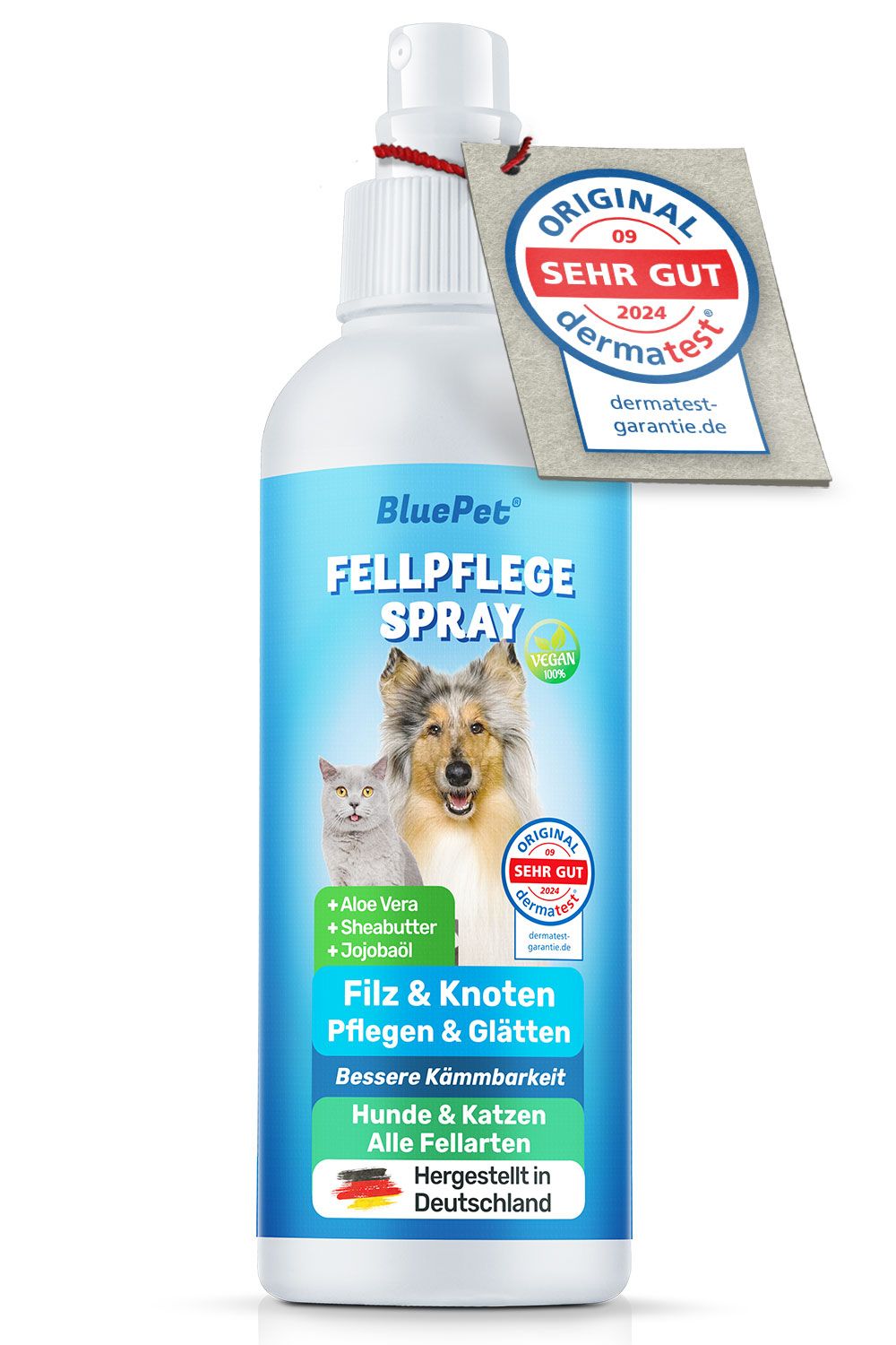 Fellspray-Flasche mit Etikett. Enthält Aloe Vera, Sheabutter und Jojobaöl. Mit Dermatest-Siegel.