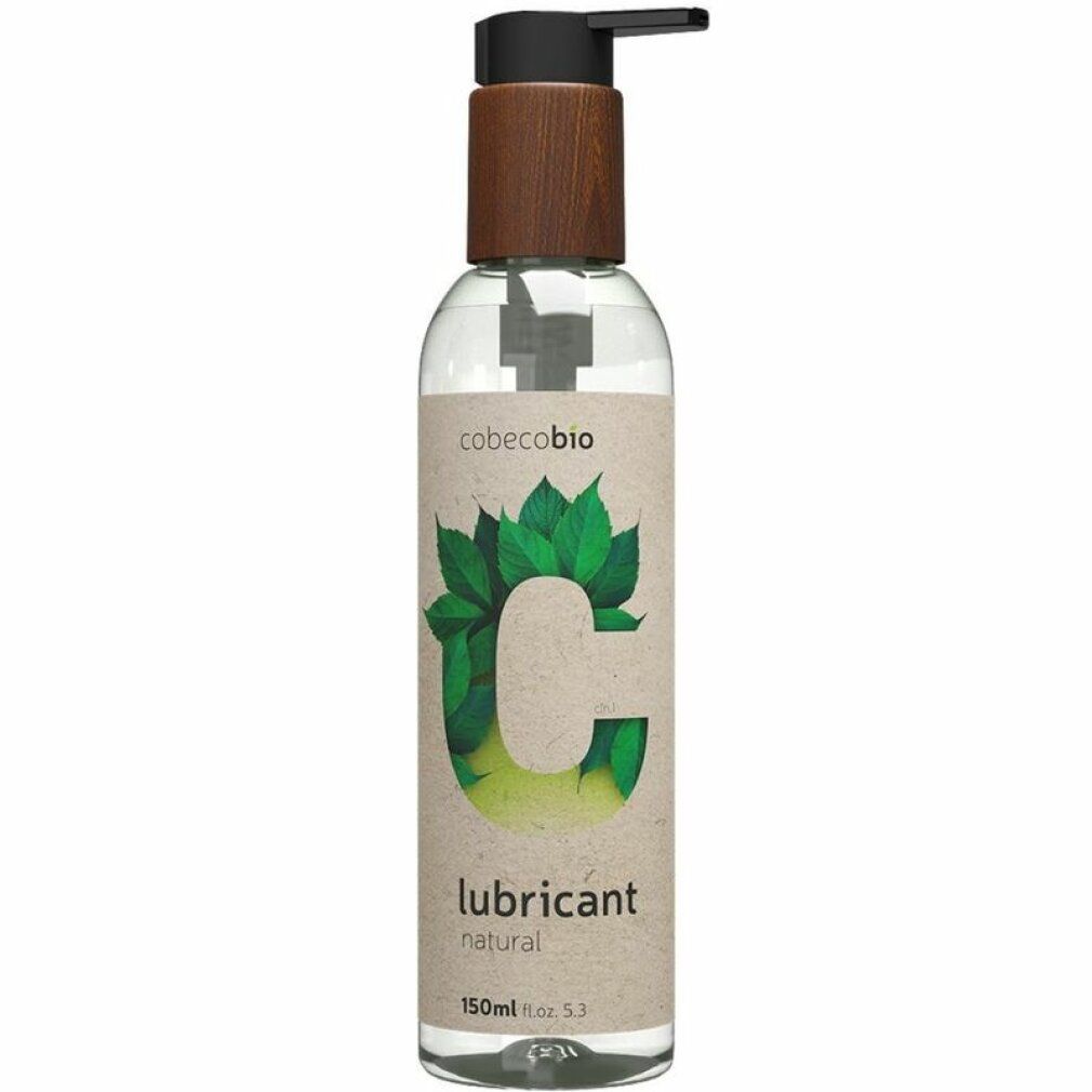 Cobeco Bio Gleitmittel Flasche mit Pumpspender und Holzoptik-Akzenten. Natürliches Gleitmittel.