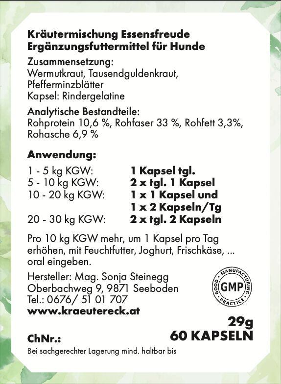 Weißes Etikett mit Text. Kräutermischung Essensfreude für Hunde. Inhaltsstoffe, Anwendung, Herstellerangaben, 60 Kapseln.