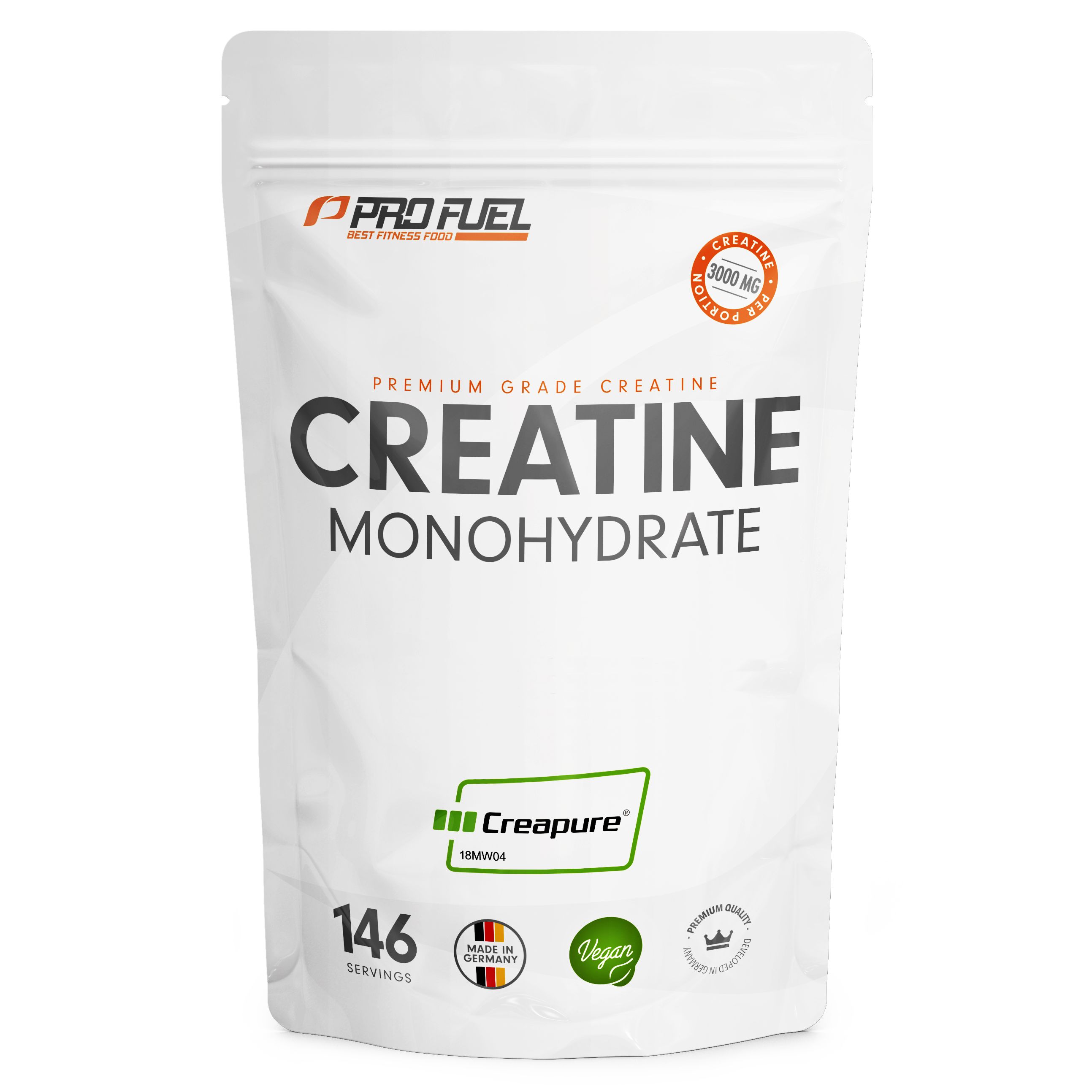 Weiße Tüte mit Creatine Monohydrat. Text: PRO FUEL, CREATINE Monohydrate, 146 Portionen, Made in Germany, Vegan, Creapure.
