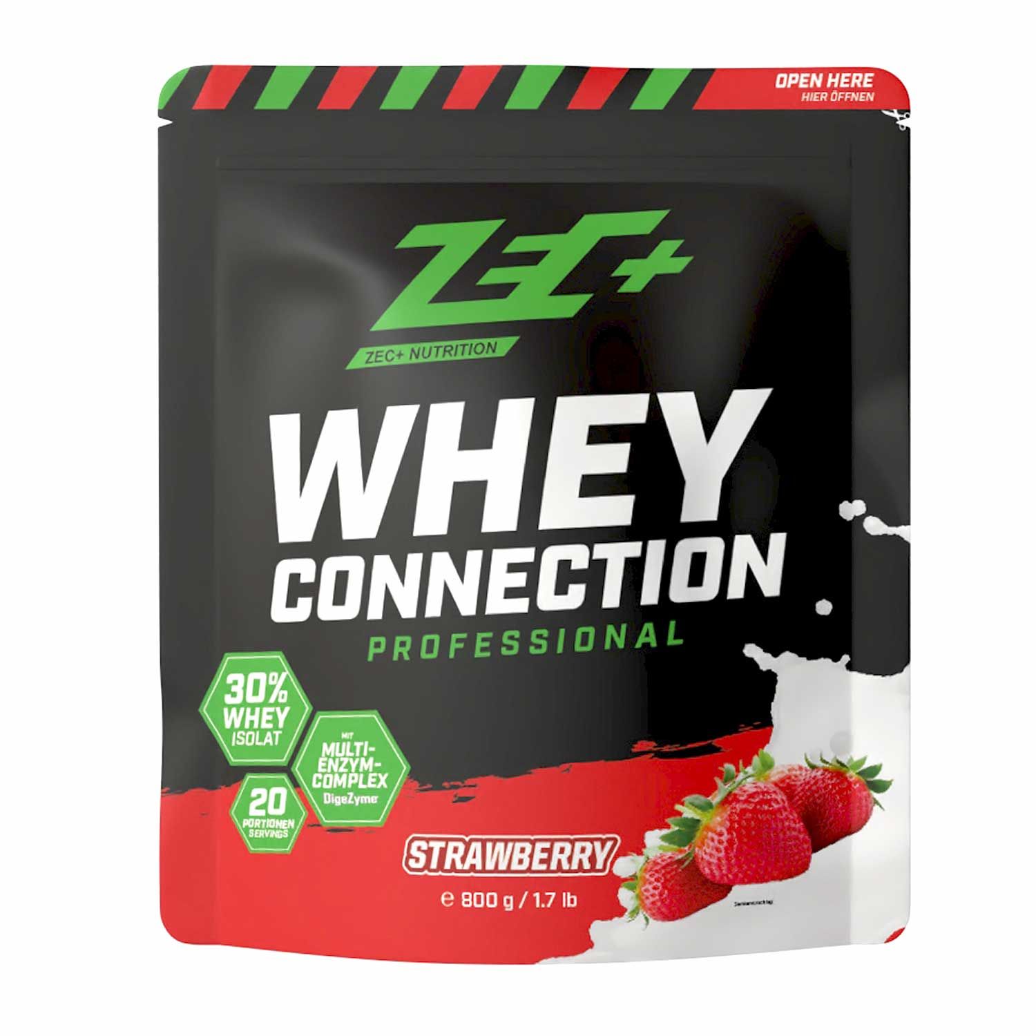 Schwarze Verpackung mit "ZEC+ WHEY CONNECTION PROFESSIONAL Erdbeere". Erdbeeren und Milch spritzer. 30% Whey Isolat.