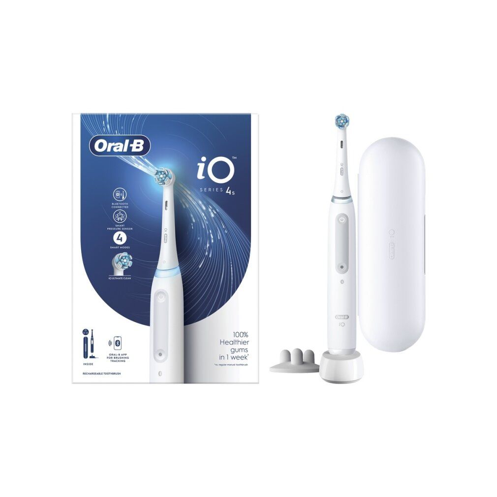 Verpackung mit elektrischer Zahnbürste. Oral-B iO Series 4s. Produktmerkmale und Bluetooth-Funktion werden hervorgehoben.