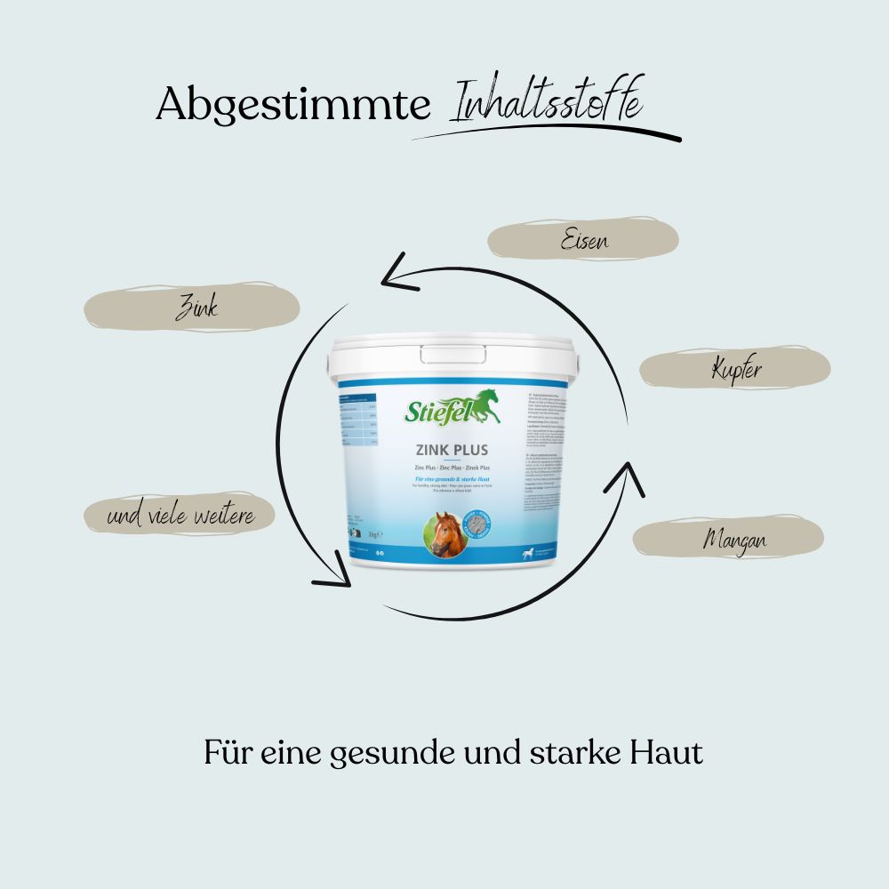 Eimer mit Stiefel Zink Plus. Produktabbildung mit Inhaltsstoffen und Text: Für eine gesunde und starke Haut.