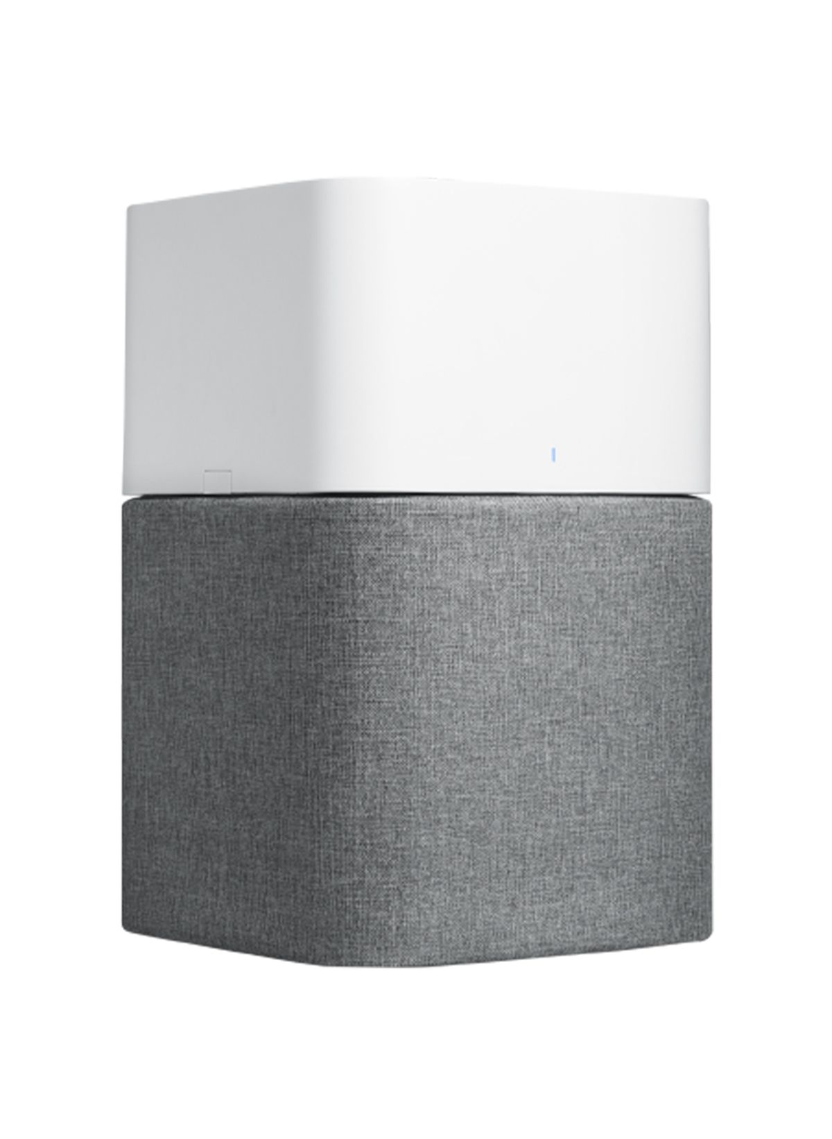 Luftreiniger, zweifarbig. Oberteil weiß, Unterteil grau. Quadratische Form, abgerundete Ecken. Stoffstruktur am Unterteil.