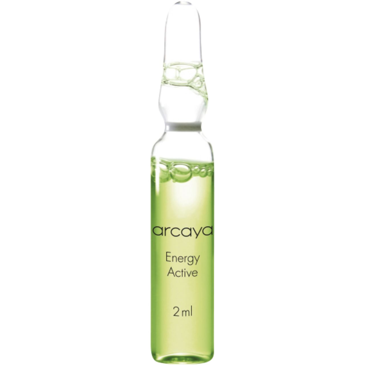 Ampulle mit grüner Flüssigkeit. Aufschrift: Arcaya, Energy Active, 2ml. Klare Glasampulle mit grüner Flüssigkeit.