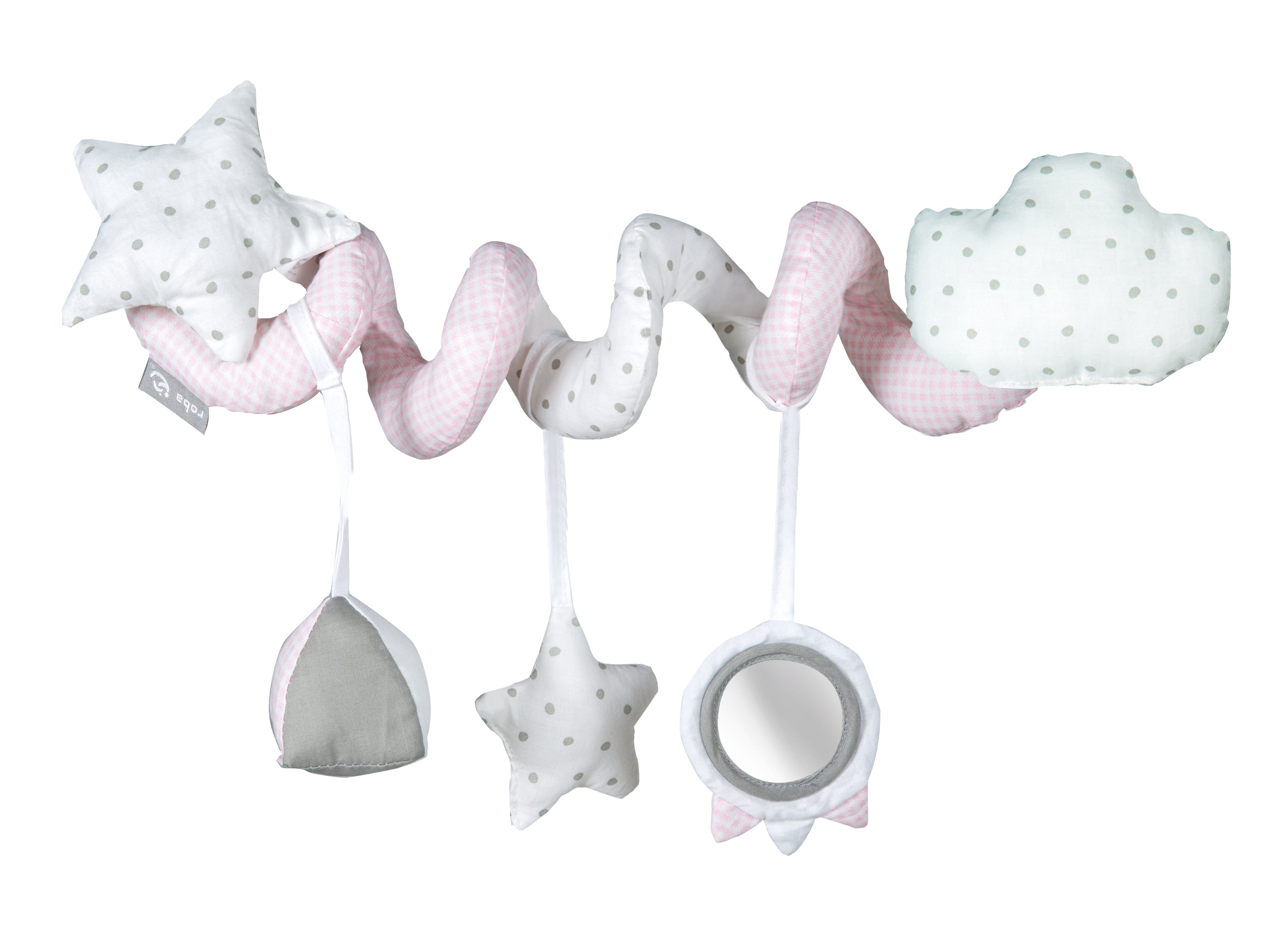 Aktivitätsspirale mit Stern, Wolke, Mond und Spiegel. Rosa und weiß gepunktet, auf weißem Hintergrund.