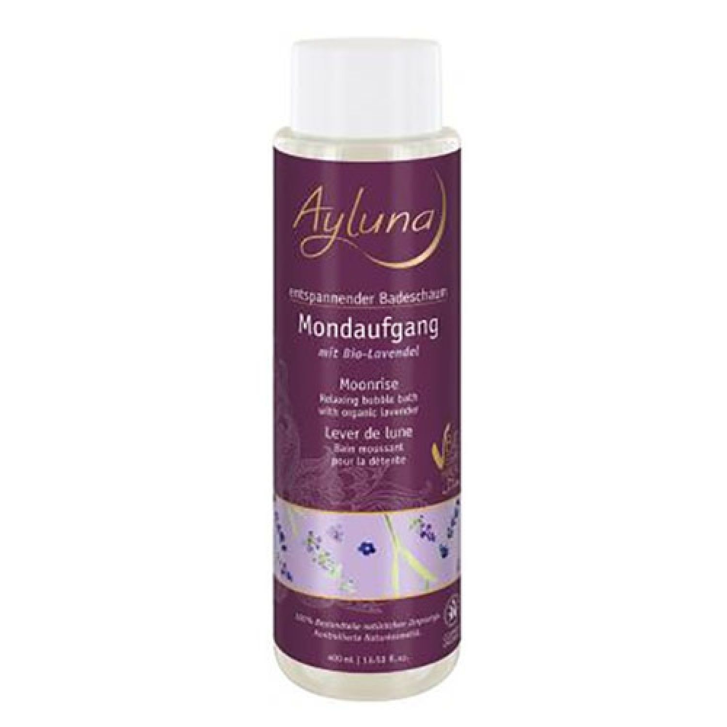 Flasche Badeschaum mit lila Etikett. Aufschrift: Ayluna, Mondaufgang, Moonrise, Lever de lune. Mit Bio-Lavendel. Weißer Deckel.