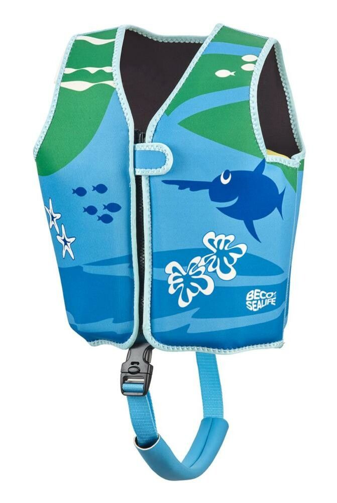 Schwimmweste, blau-grün mit Fisch-Motiven. Reißverschluss vorne, verstellbarer Gurt. Marke: Beco Sealife.