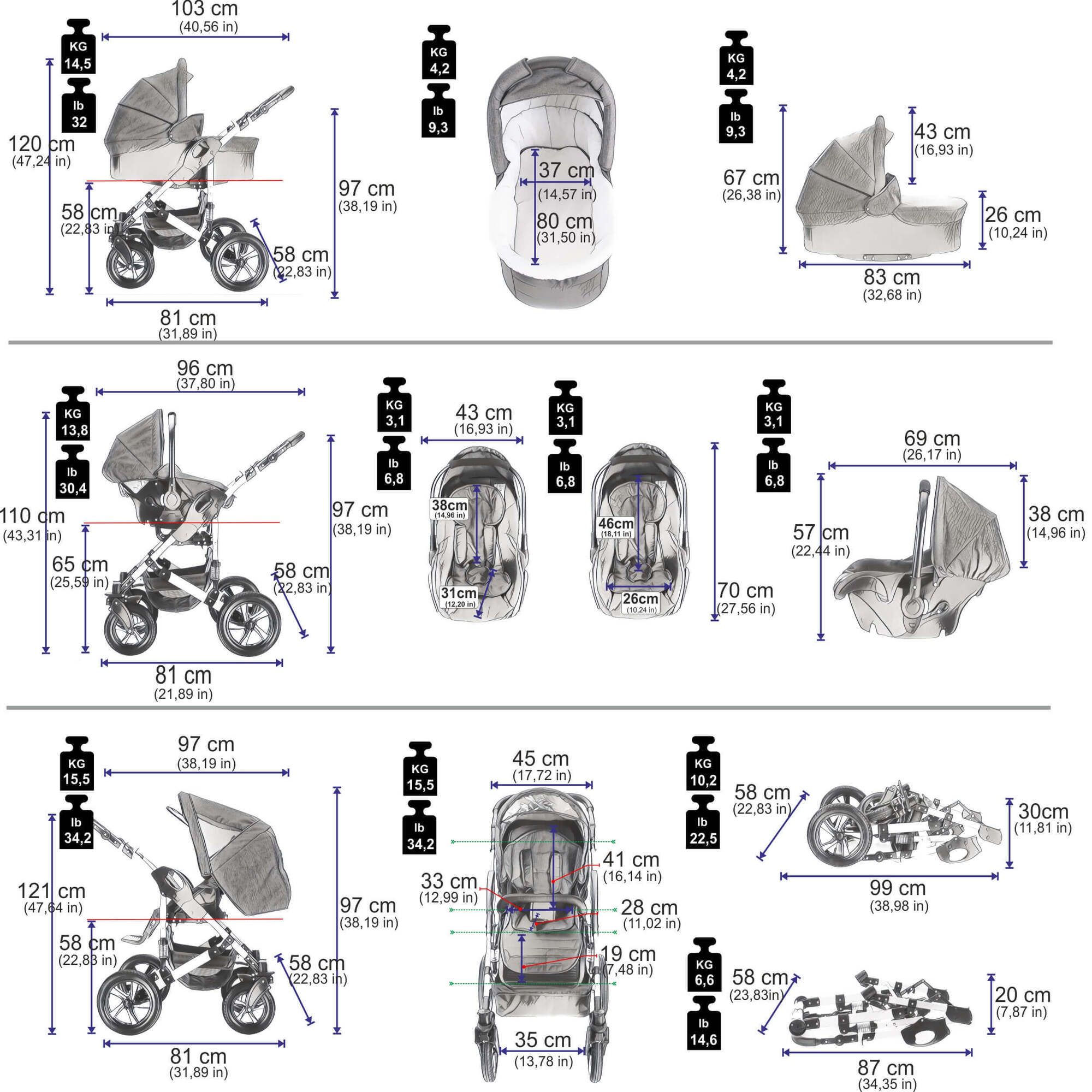 Friedrich Hugo Hamburg 4 in 1 Kinderwagen Komplettset ISOFIX Basis Luftreifen, White & Grey