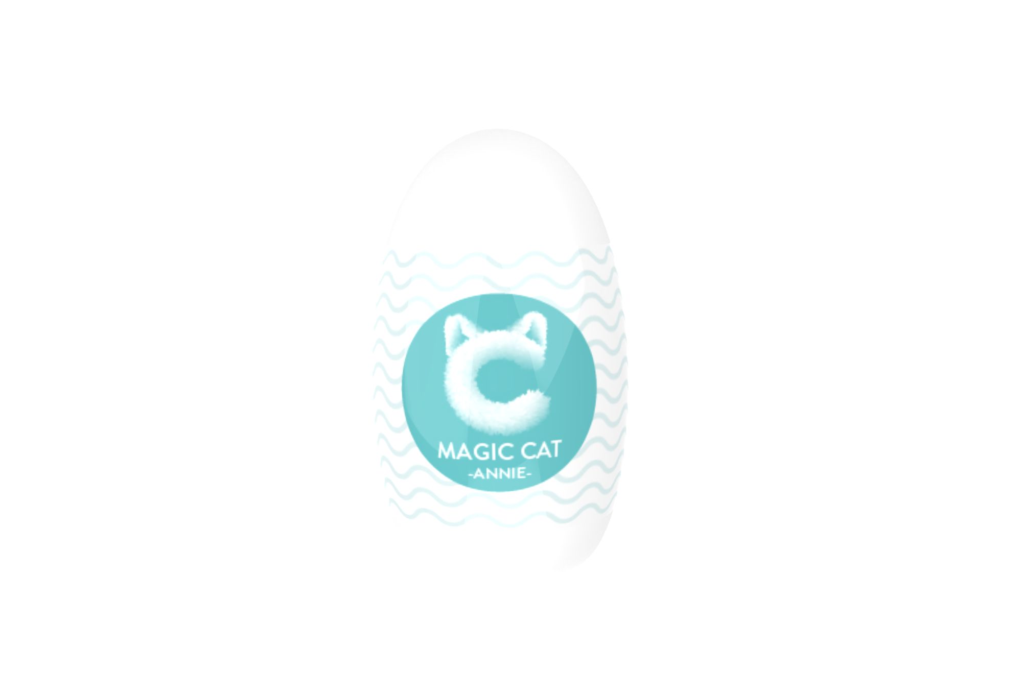 Weißes, ovales Produkt mit blauem Kreis. Auf dem Kreis ist ein Katzenkopf-Logo und der Text "MAGIC CAT ANNIE" zu sehen.
