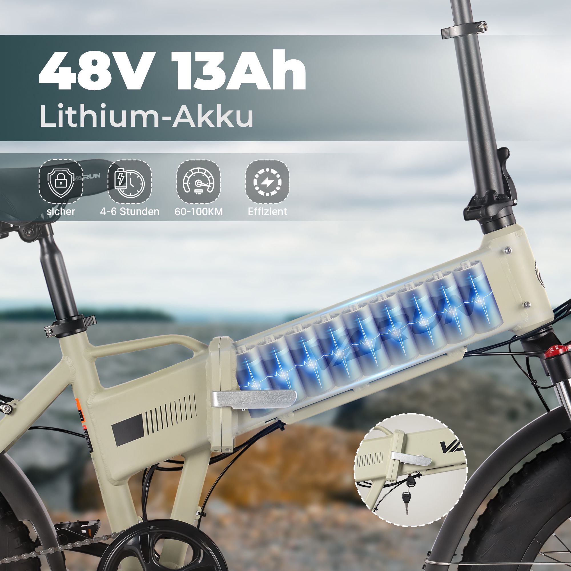 Faltbares E-Bike mit 48V 13Ah Lithium-Akku. Beige Rahmen, schwarze Details. Sicherheits- und Reichweiten-Symbole.