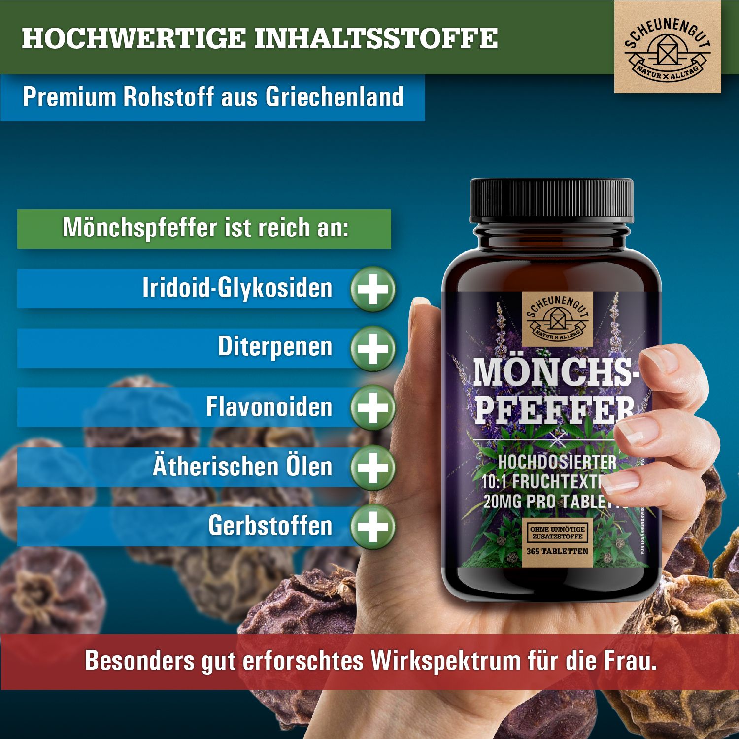 Mönchspfeffer-Flasche in der Hand, mit Liste der Inhaltsstoffe und Fokus auf Frauen.