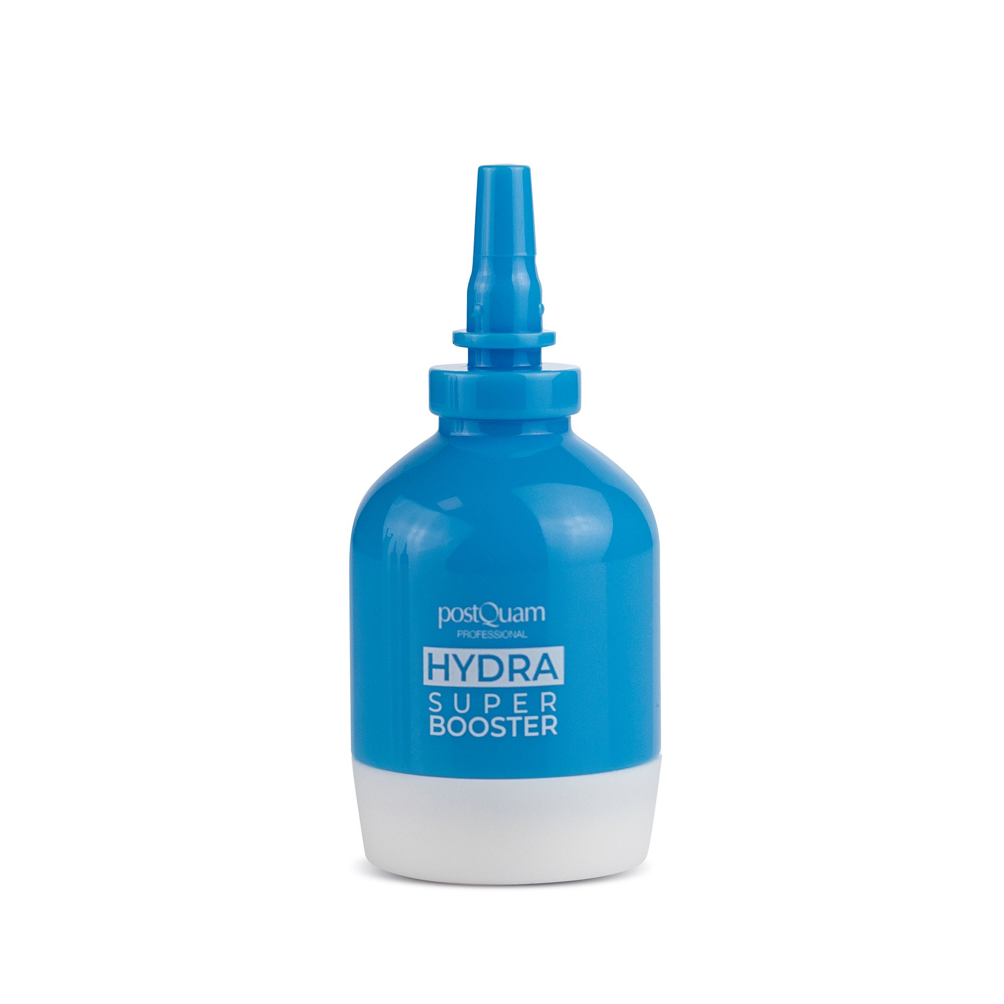 Blau-weiße Flasche mit Aufsatz. Beschriftung: PostQuam HYDRA SUPER BOOSTER. Der Aufsatz ist fest mit der Flasche verbunden.