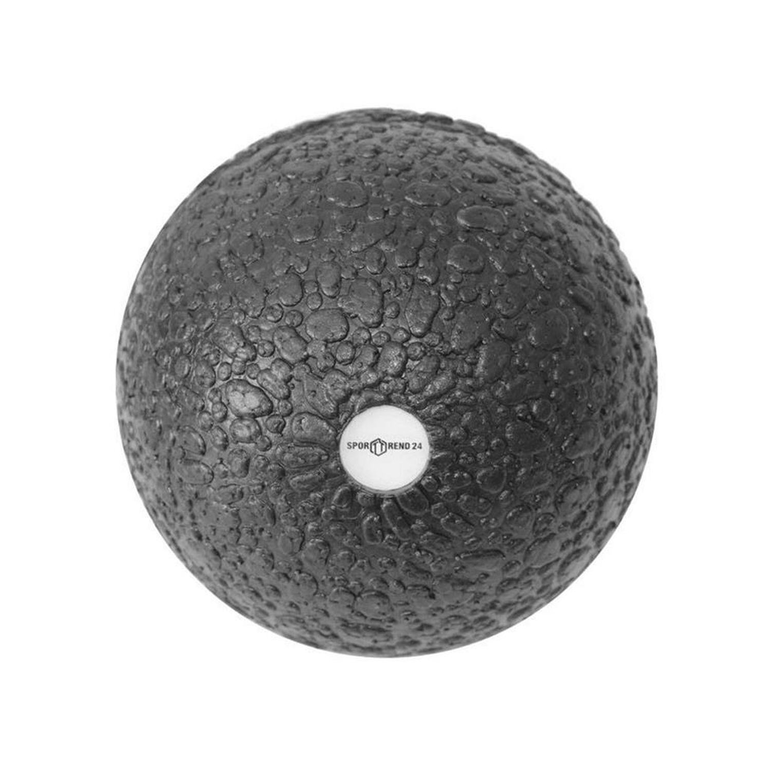 Schwarzer Faszienball mit Logo. Runde Form, raue Oberfläche.